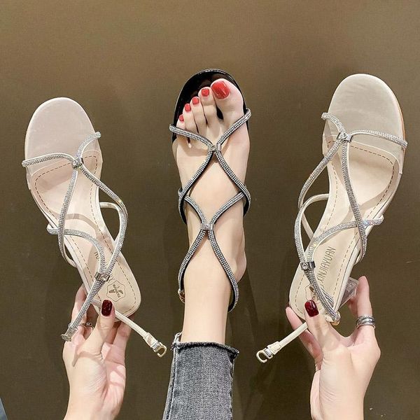 

sandals gladiator black heels shoes women glass transparent high heel bling narrow band cross-tied sandalias mujer 9038g