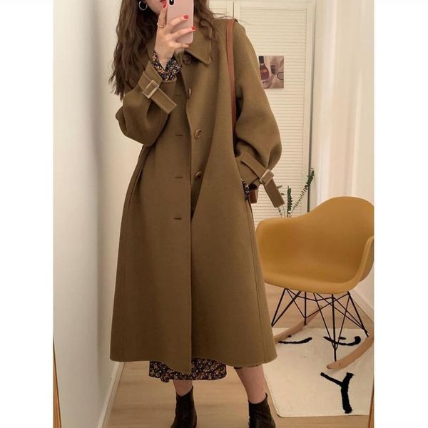 

women's wool & blends woolen coat women autumn winter hepburn wind mid-length plus cotton thickened over-the-knee, Black