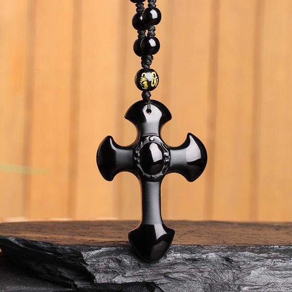 

pendant necklaces boeycjr black obsidian cross necklace&pendant fashion jewelry energy natural stone necklace for men or women, Silver
