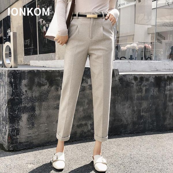 

women's pants & capris ionkom office lady elegant belted high waist slant pocket ankle-length trousers autumn streetwear womens casual, Black;white