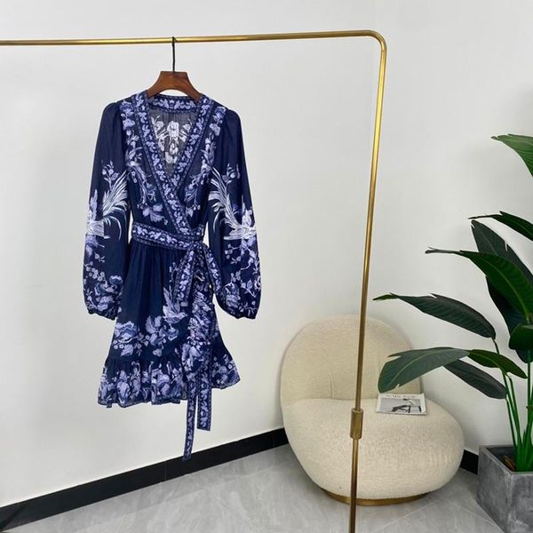 

casual dresses arrivalsummer women vinage navy blue long lantern sleeve open waist ladies elegant wrap 2021, Black;gray