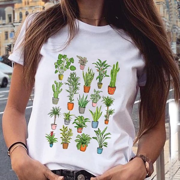 

graphic plant cactus sweet cute women fashion spring summer aesthetic print female clothes tees t shirt, White