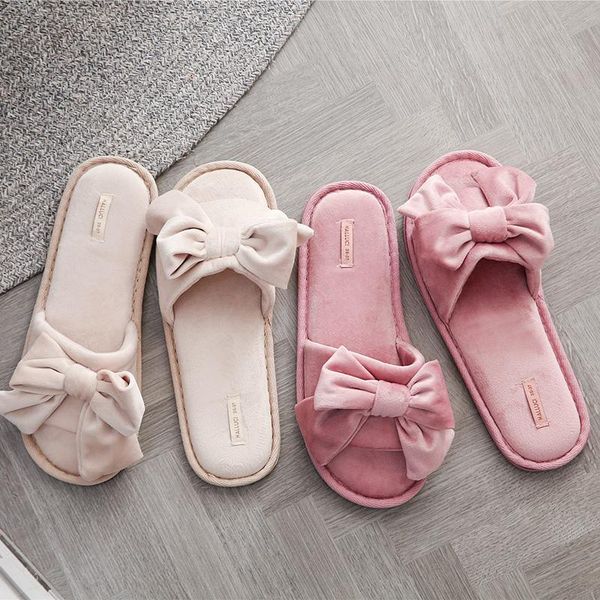 

flocking big bow slippers women flat-heeled rubber-soled simple indoor home, Black