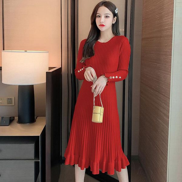 

casual dresses women one piece dress winter 2021 office lady korea style knitting full sleeve solid o-neck high waist black, Black;gray