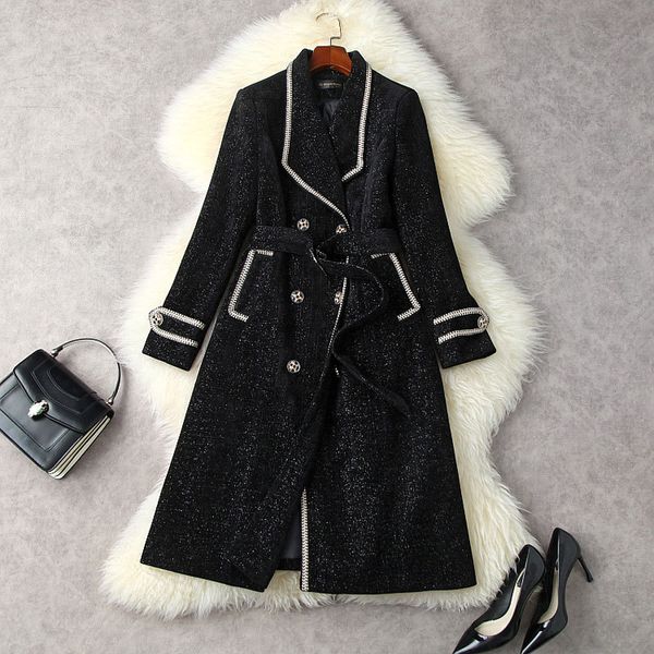 

2021 autumn winter long sleeve lapel neck glitter black solid color belted panelled corduroy double-breasted coat elegant long outwear coats
