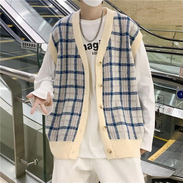 

men's sweaters men school student japan preppy style plaid knitted sleeveless tank vest sweater cardigan handsome loose casual sweaterc, White;black