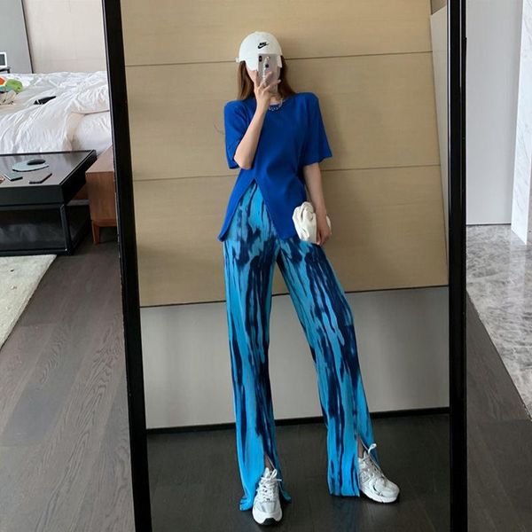 

women 2021 summer fashion two-piece suits female o-neck short-sleeved t-shirt ladies split casual wide leg pants sets i70 women's two p, White