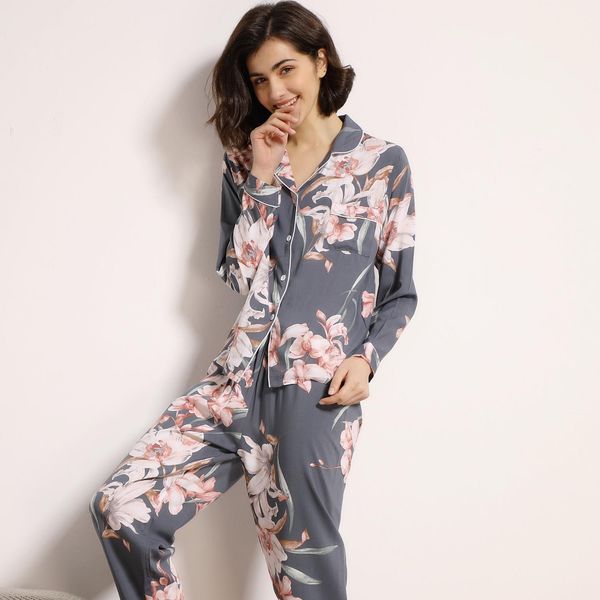 

cotton long sleeved trousers pajamas women sleepwear set spring and summer autumn comfortable cardigan ladies bell, Black;red