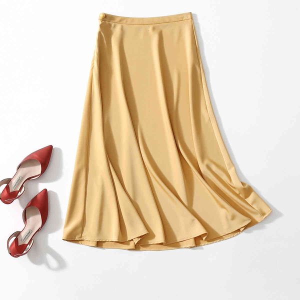 

skirts novo vero de cintura alta feminina a linha rosa moda cor pura elegante cetim midi comprimento faldas jupe femme saia 3in9 am6t wpju, Black