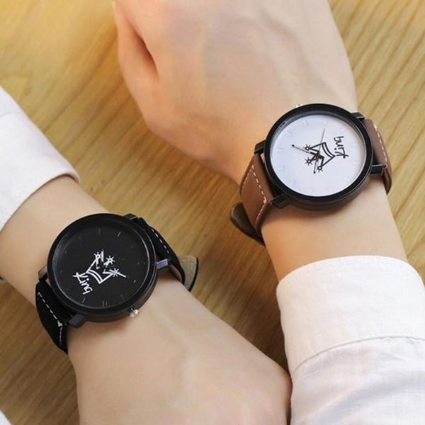 

wristwatches fashion couple watches queen king crown fuax leather quartz analog men and women wrist watch chronograph valentine gift, Slivery;brown