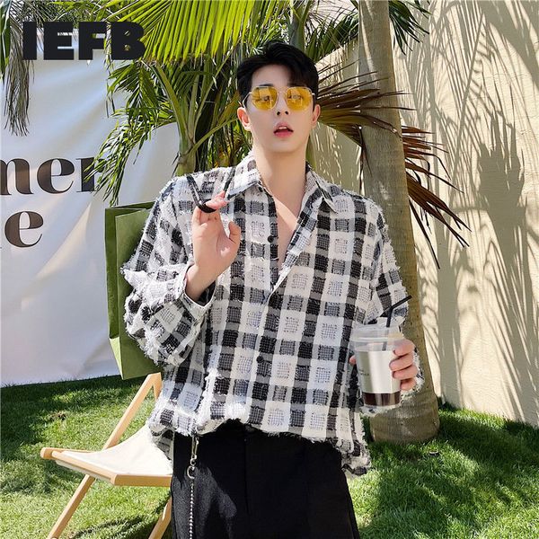 

iefb men's clothing loose tassel plaid shirt casual loose big size lapel long sleeve for male fashion 9y7229 210524, White;black