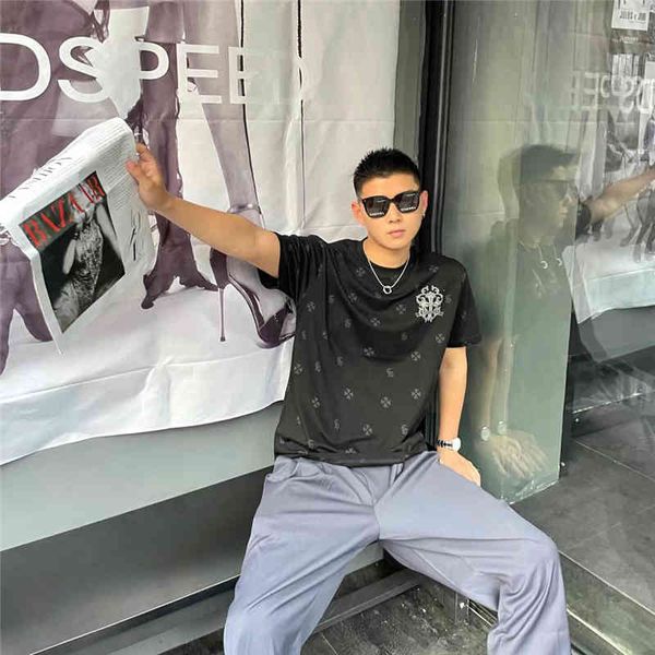 

croosin fashion brand diamond cross men's short t-shirt 21ss summer new sanskrit casual round neck loose half slee, White;black