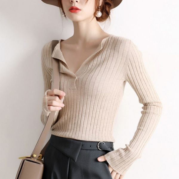 

women's sweaters autumn fashion slim pit striped sweater thin section women casual solid color knitted female v-neck long sleeve pullo, White;black