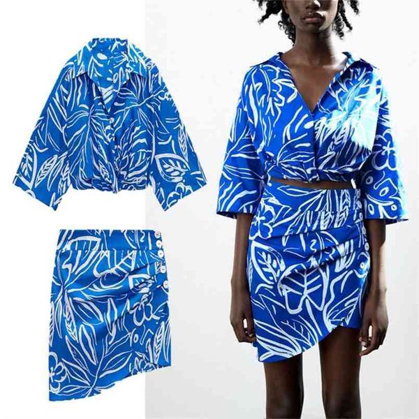 

za draped print mini skirt women high waist ruching summer s fashion button up asymmetric hem woman vinatge blue 210702, Black