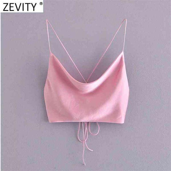 

women fashion spaghetti strap chic pink camis tank ladies summer backless lace up satin crop sling ls9207 210416, White