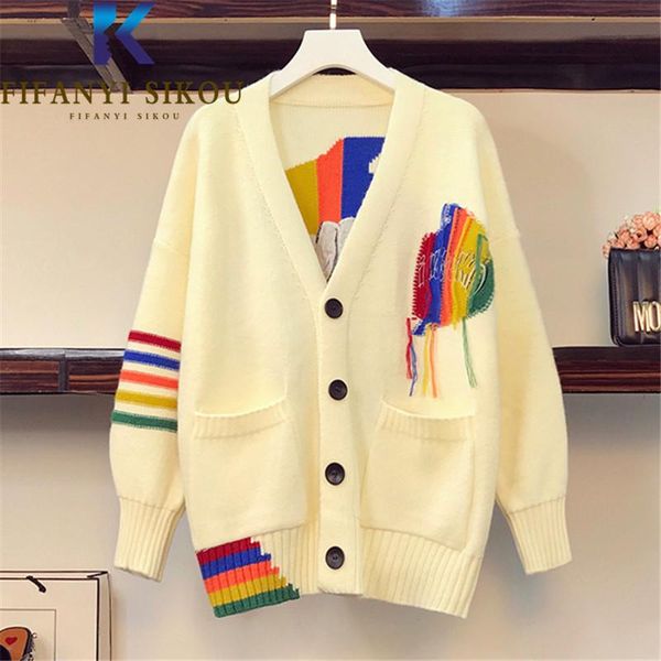 

women's knits & tees autumn winter cardigan women knitted sweater jacket pocket v-neck fashion embroidery knit coat plus size loose swe, White