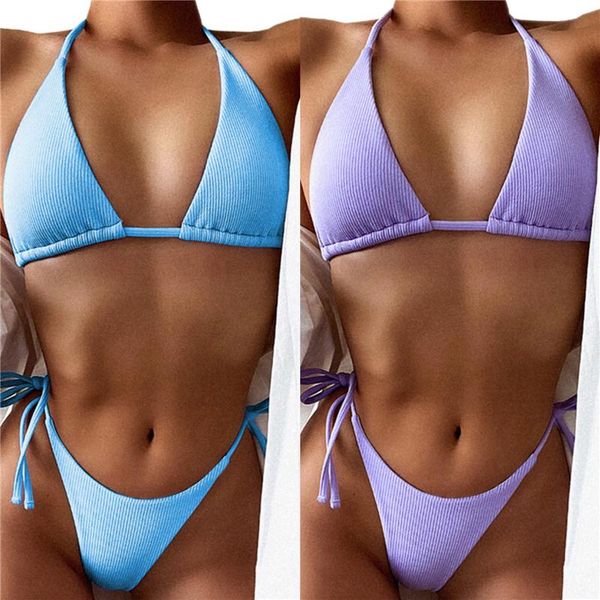 

women's swimwear 2021 fashion women 2pcs bikini set sleeveless solid color bottoms stylish bathing suit summer swimsuits beachwear, White;black