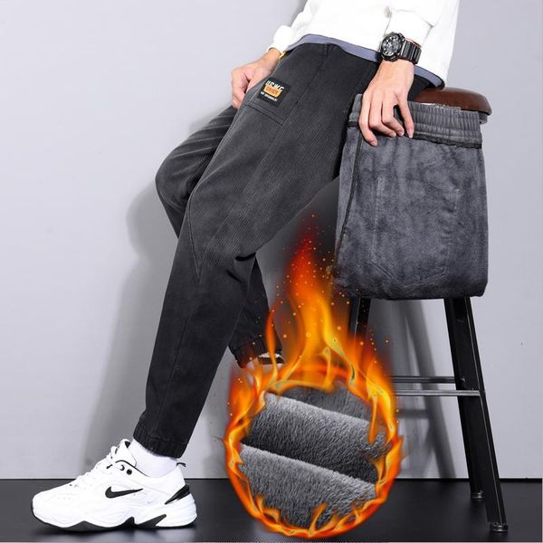 

men's jeans warm men elastic waist drawstring fleece thicken sweatpants 2021 winter joggers pants loose fit male casual trousers, Blue