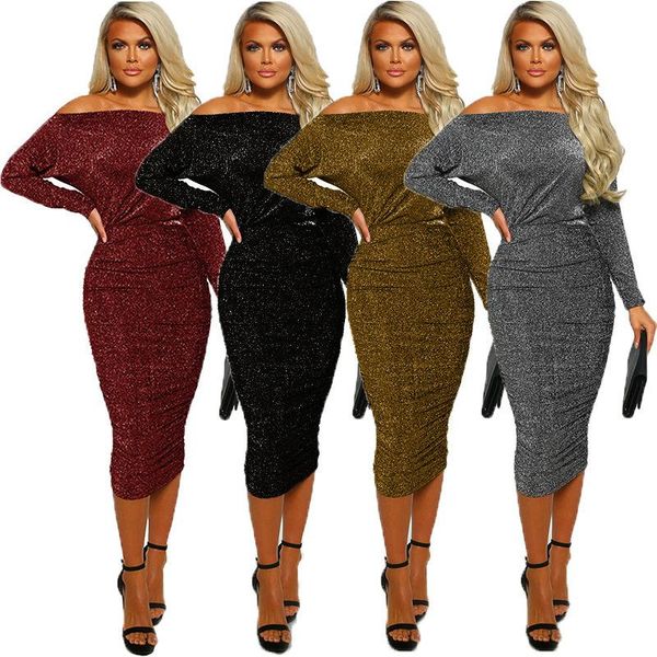 

casual dresses women solid off shoulder bodycon midi dress long sleeve slash neck glitter party club boat slim hip, Black;gray
