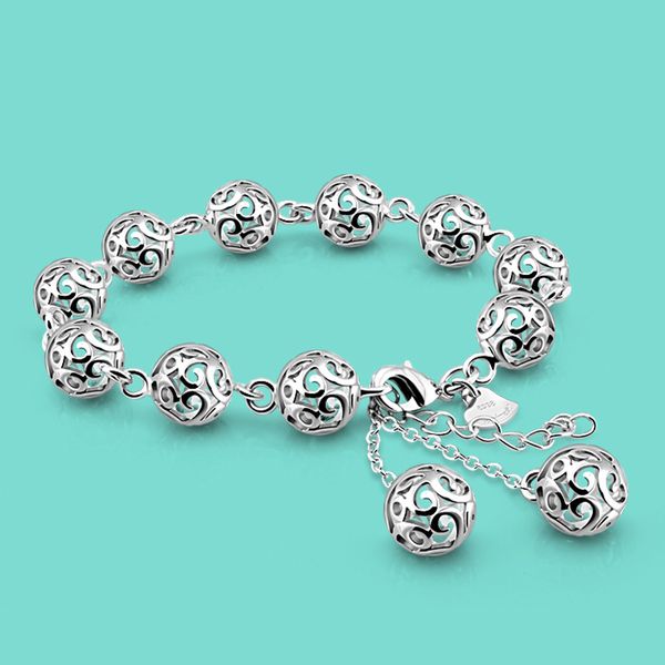 

bohemian women's jewelry 925 sterling hollow pattern ball bracelet solid silver chain valentine's day gif, Black