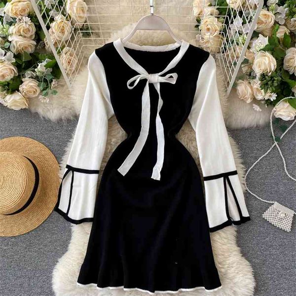 

lady fashion knitted sweater dress women's autumn and winter long flare sleeve bow collar mini vestidos q034 210527, Black;gray