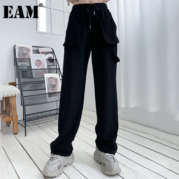 

[eam] pockets casual long high elastic waist wide leg trousers loose pants women fashion spring autumn 1dd7233 21512, Black;white