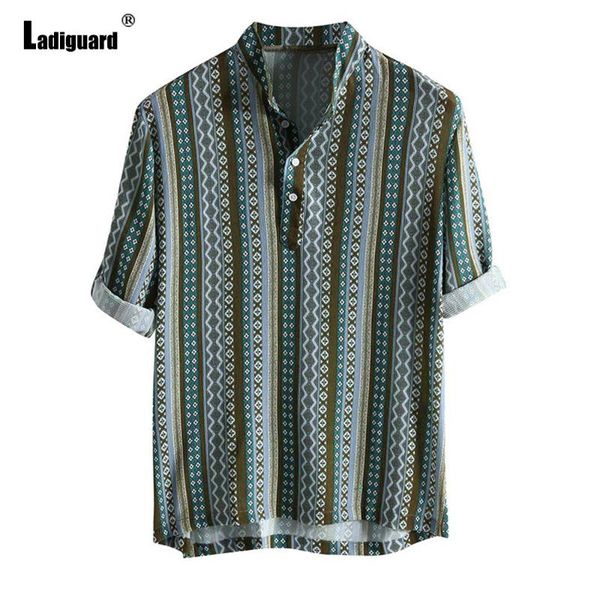 

men's casual shirts ladiguard plus size men retro stripes print streetwear vintage 2021 single breasted blouse beach mens clothing, White;black