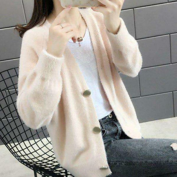 

women's knits & tees sweaters women loose comfortable simple warm all-match elegant knitted wear cardigan large size autumn v-neck ulzz, White