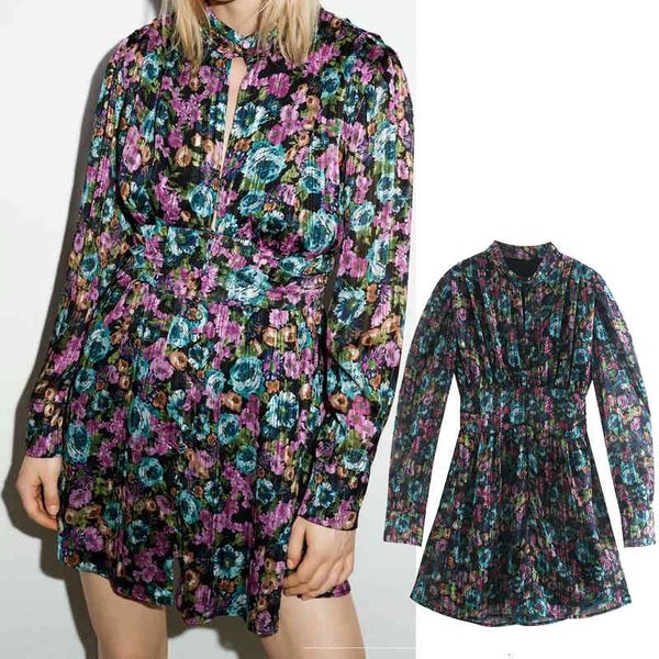 

casual dresses women metallic thread floral print mini dress o-neck long sleeve slim waist chic mujer k1nq, Black;gray