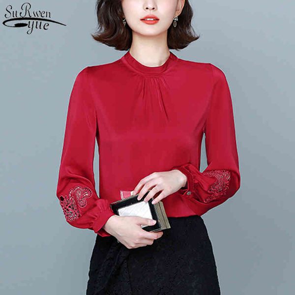 

office lady satin shirts women autumn lantern long sleeve hollow blouse solid pullover elegant ladies clothes 11088 210427, White