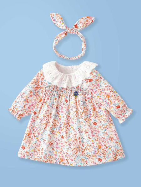 

baby ditsy floral shirred ruffle trim flounce sleeve dress with headband she, Red;yellow