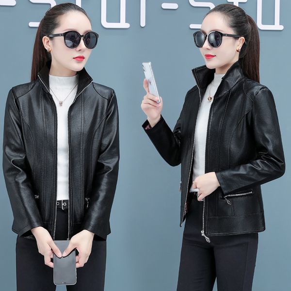 

st collar women's short style autumn winter 2021 new pu leather versatile motorcycle et thin and large coat is fashionable, Black;brown