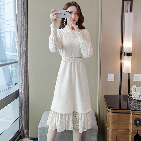 

casual dresses autumn winter white lace cashmere midi dress vintage chic plus size korea solid elegant female runway bodycon vestido, Black;gray