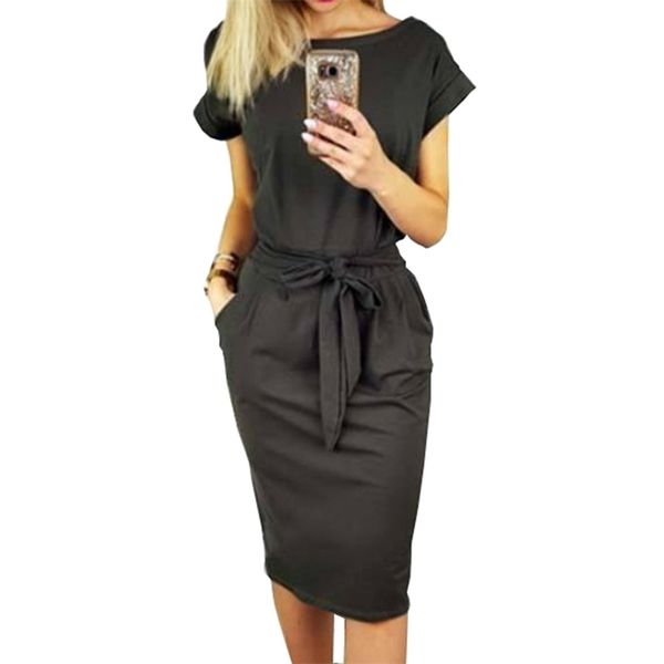 

summer women dress knee-length bandage bodycon dress short sleeve casual dresses sundress femme 210522, Black;gray