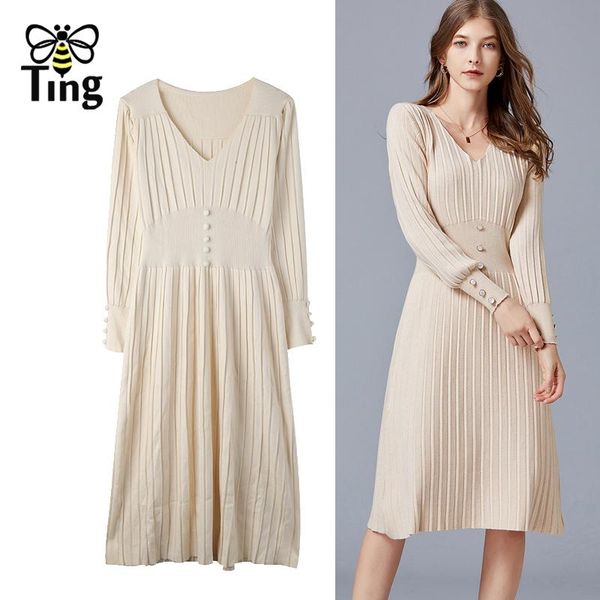 

casual dresses tingfly vintage elegant winter autumn knit dress button decor slim stretchy knitting women midi streetwear robes, Black;gray