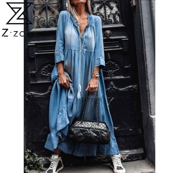 Mulheres vestido Ruffles v-pescoço Vintage Denim vestidos mais tamanho solto casual longo summer roupas azuis 210524