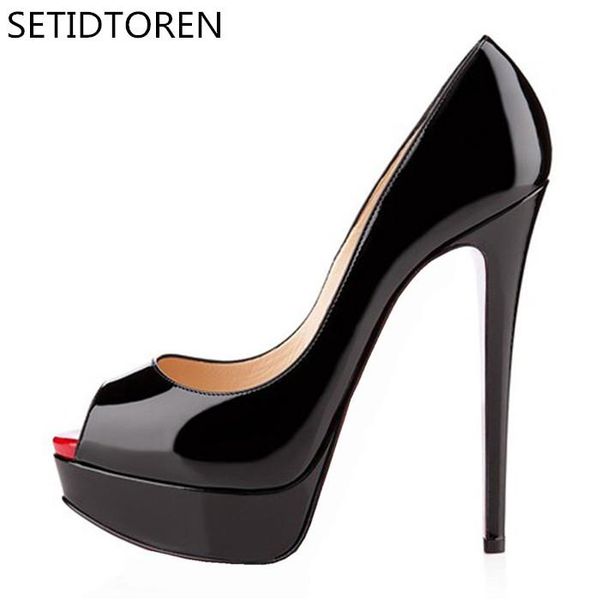 

dress shoes sapato feminino super high heels platform pumps women laies patent leather stiletto peep toe thin party wedding shoe, Black