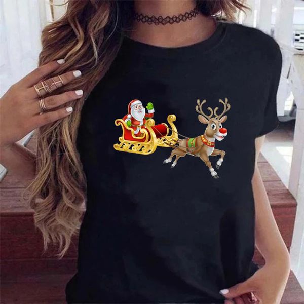 

women's t-shirt -selling women christmas casucal santa sleigh elk print o-neck loose red black white short sleeve