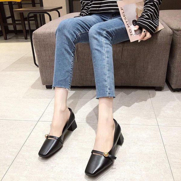 

dress shoes mary jane women's autumn 2021 one-word buckle fairy style shallow mouth high heels single, Black