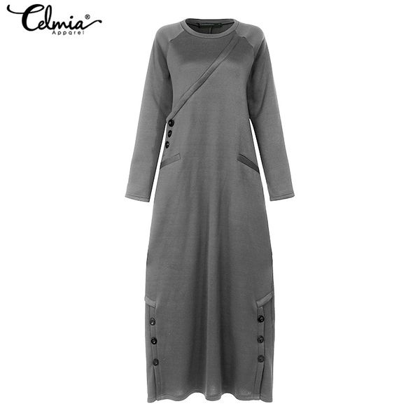 

2021celmia women sweatshirt dress 2021 autumn winter fleece maxi long dress casual pullovers long sleeve button basic vestidos 5xl 7, Black;gray
