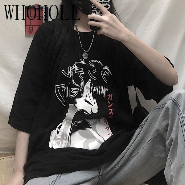 

women's t-shirt 2021 summer women gothic pistol girl print harajuku dark cartoon long loose casual short sleeve, White