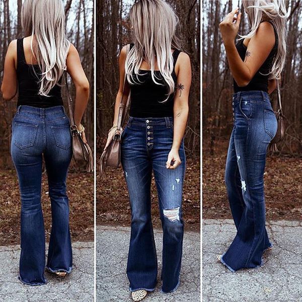 

women's jeans fashion button ripped flared trousers high waist stretch denim full cotton mom bell bottoms wide leg pants, Blue