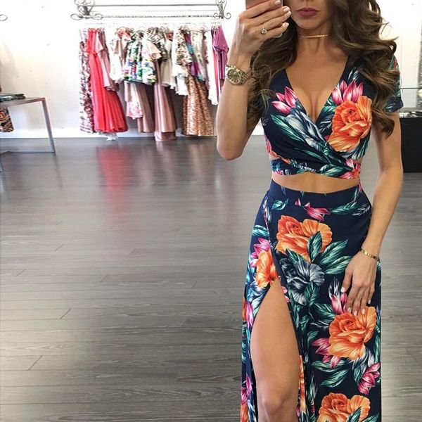 

elegant women tracksuits summer long skirt set bohemian style hollow out crop skirts floral print v, Gray