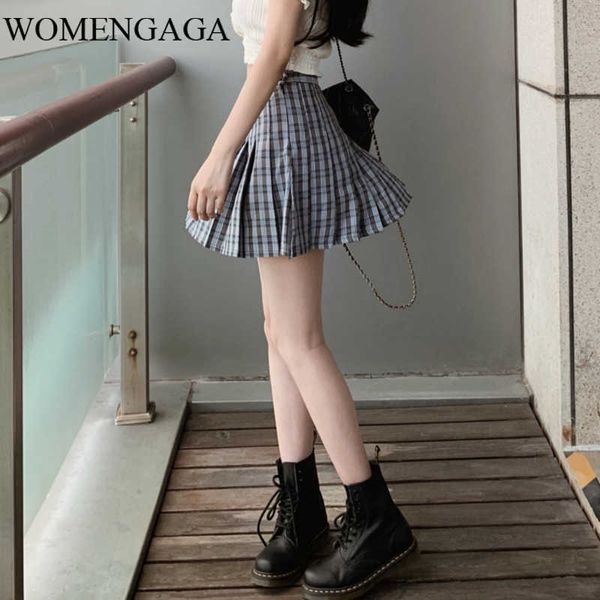 

summer high waist fashion fold cotton plaid korea mini simple girl female skirt safety double layer e295 210603, Black