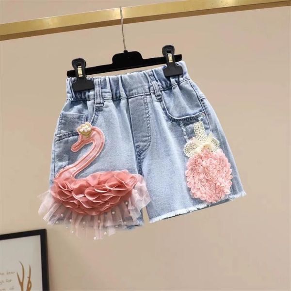 

3-11y kids baby shorts girl denim 2021 summer embroidery flowers grls outer pants teenager, Black