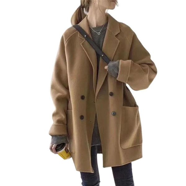 

women's wool & blends nice autumn winter women woolen jacket fashion mid-long coat casual female windbreaker office lady overcoat, Black