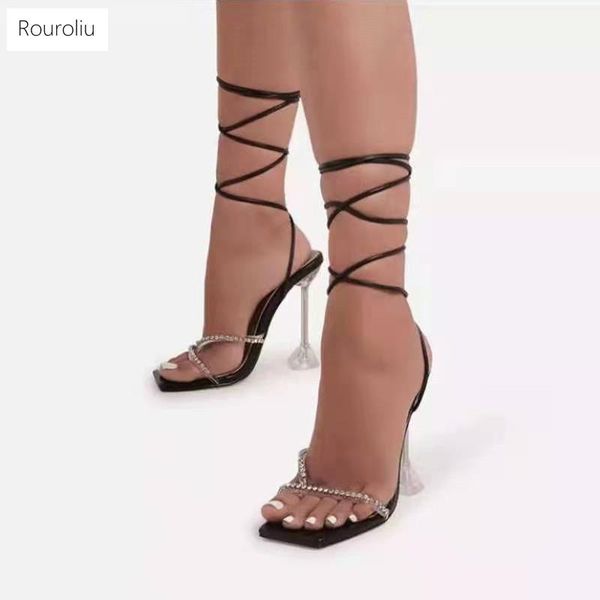 

sandals 2021 lace-up transparent high heel women summer rhinestones party shoes female cross-tied, Black