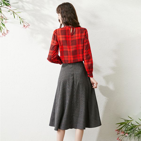 

spring female plaid shirt and skirt office party suit two outfit pieces, Black