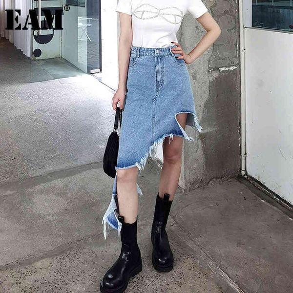 

[eam] high elastic waist blue denim burrs irregular casual half-body skirt women fashion spring summer 1dd8123 210512, Black