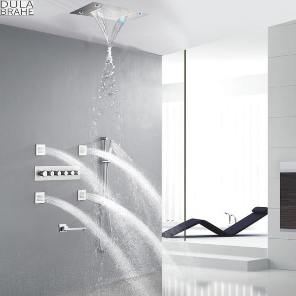 

thermostatic brushed rain shower faucet system bathroom mixer set ceil mounted 14 x 20 inch led waterfall rainfall head sets